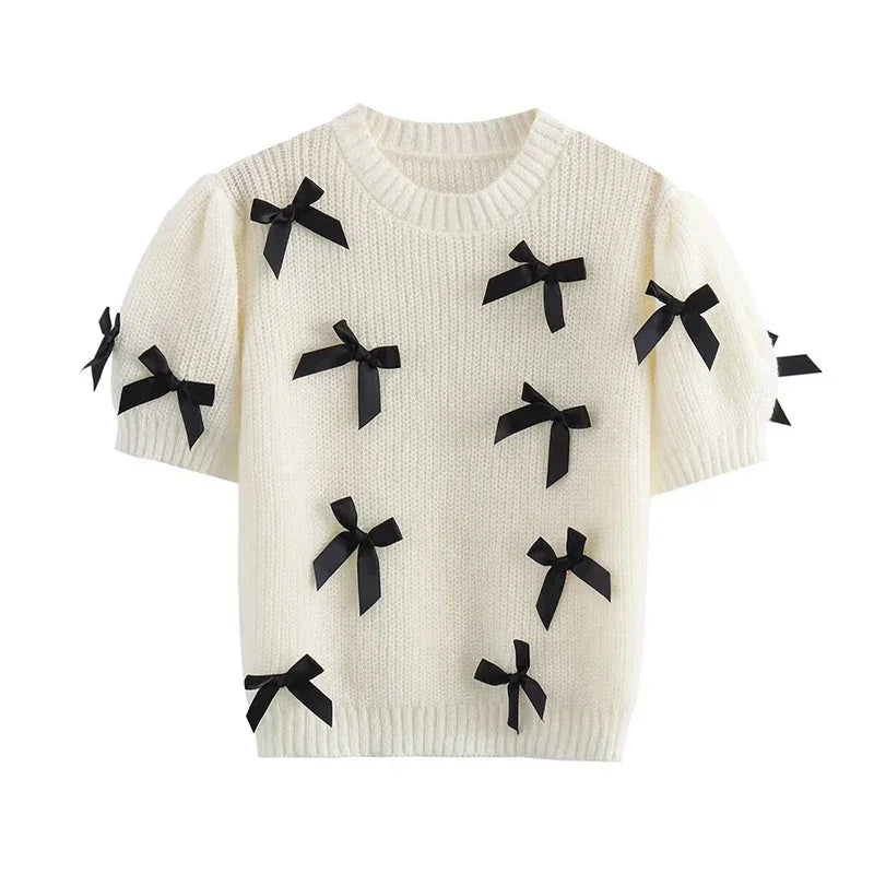 Bow Puff Short Sleeve Crop Knit Sweater - Palm and Thread