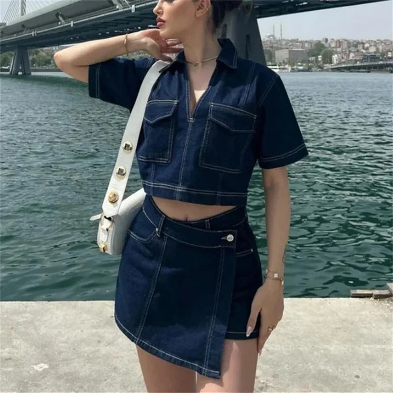 Denim Cropped Shirt and Skirt - Palm and Thread