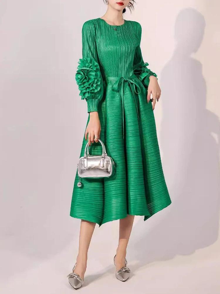 Pleated 3D Floral Sleeves Belt Gathered Waist Dress - Palm and Thread