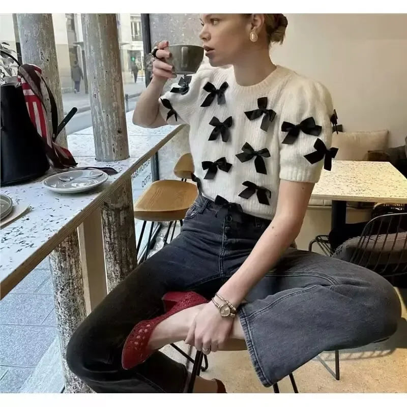 Bow Puff Short Sleeve Crop Knit Sweater - Palm and Thread