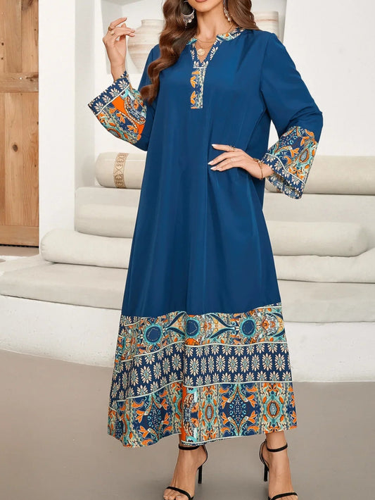 Blue Long Sleeve Print Dress Abaya - Palm and Thread