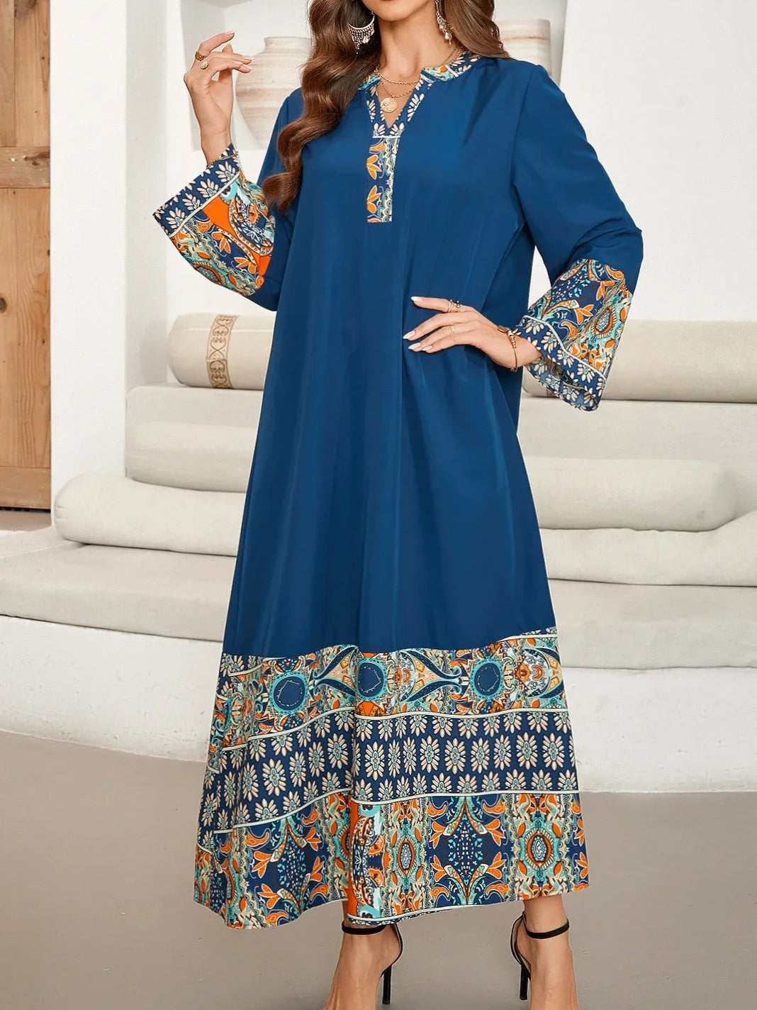 Blue Long Sleeve Print Dress Abaya - Palm and Thread