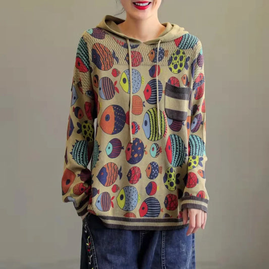 Fish Printing Vintage Sweater Hoodie - Palm and Thread