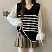 V-neck Fake Two-piece Striped Sweater - Palm and Thread