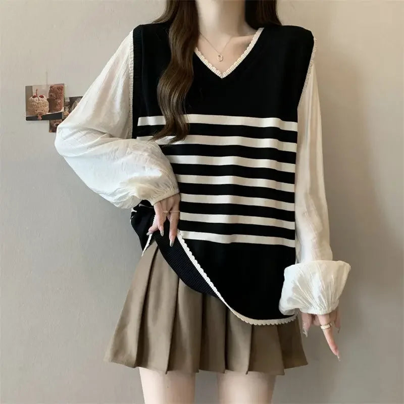 V-neck Fake Two-piece Striped Sweater - Palm and Thread