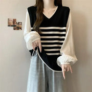 V-neck Fake Two-piece Striped Sweater - Palm and Thread