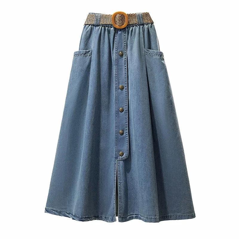 Denim Slim Button Split Long Skirt - Palm and Thread