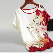 Silk Satin Floral Print O Neck Short Sleeve Casual Office Top - Palm and Thread