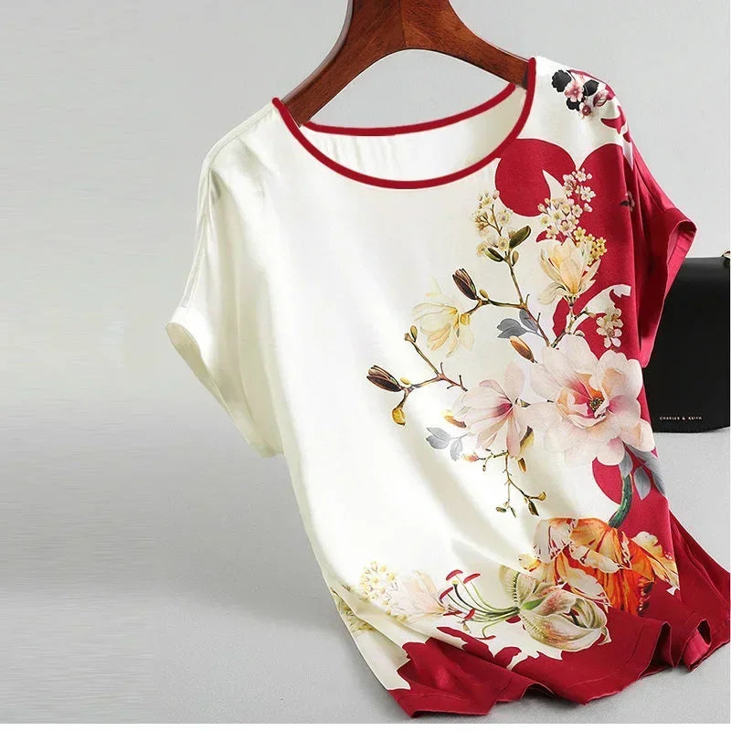 Silk Satin Floral Print O Neck Short Sleeve Casual Office Top - Palm and Thread