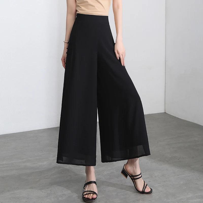 Side Slit Chiffon Thin Elastic Waist Wide Leg Pants Chic Droop - Palm and Thread