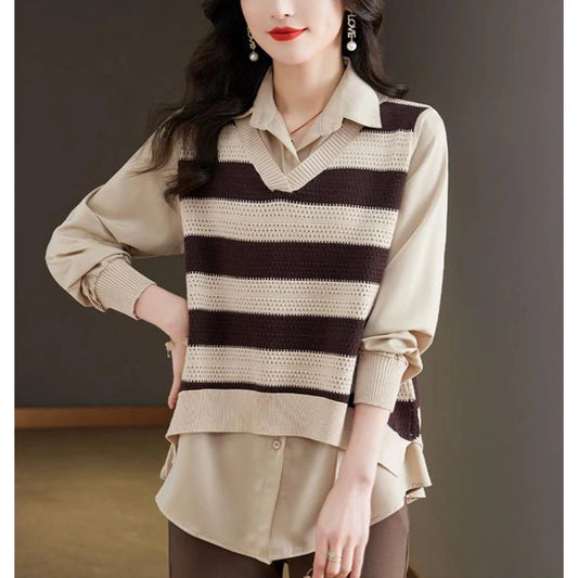 Striped Knitted Fake Two-piece Blouse - Palm and Thread