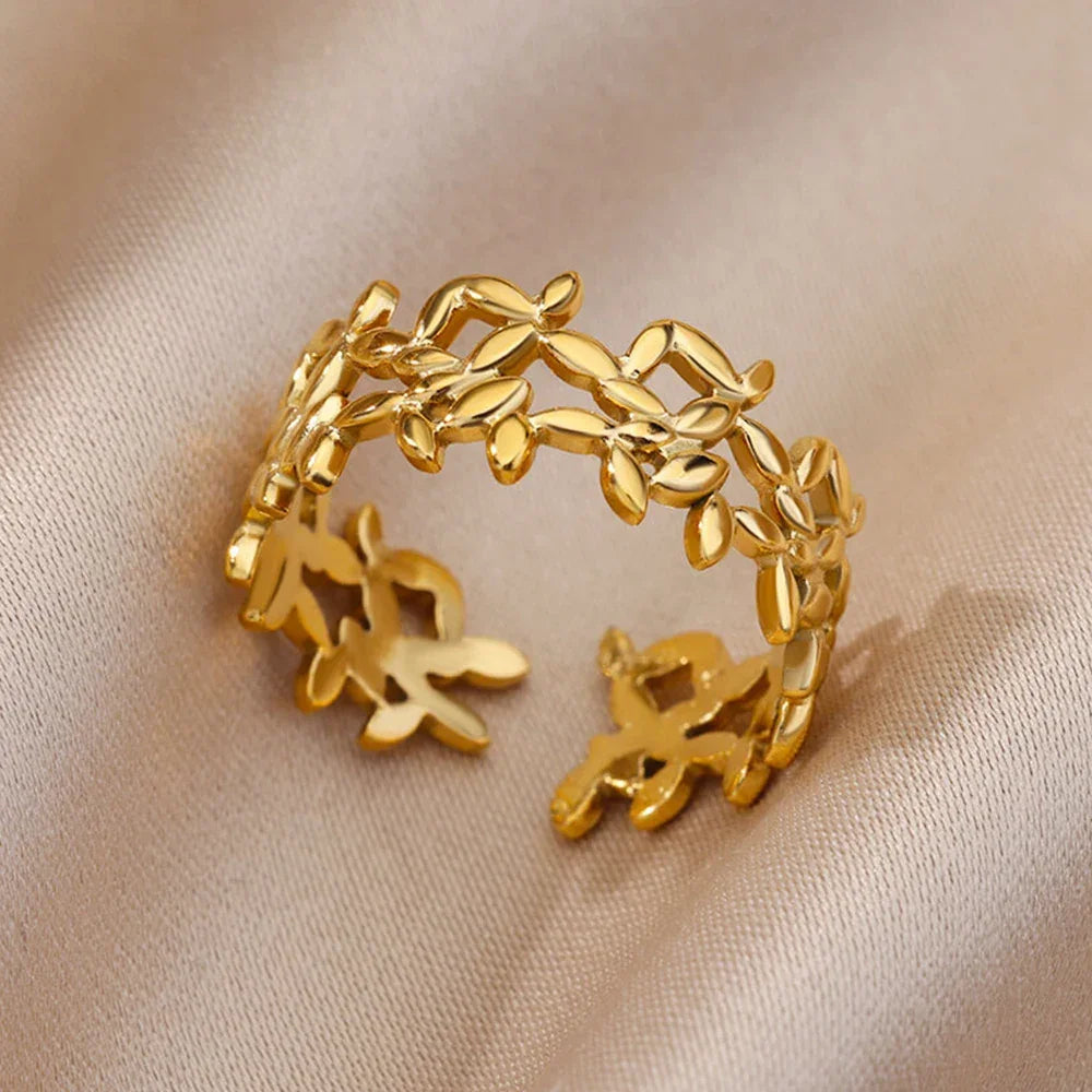 Stainless Steel Gold Color Open Gothic Ring - Palm and Thread