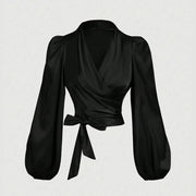 Elegant Plain Lace-Up V-Neck Skinny Fit Blouse - Palm and Thread