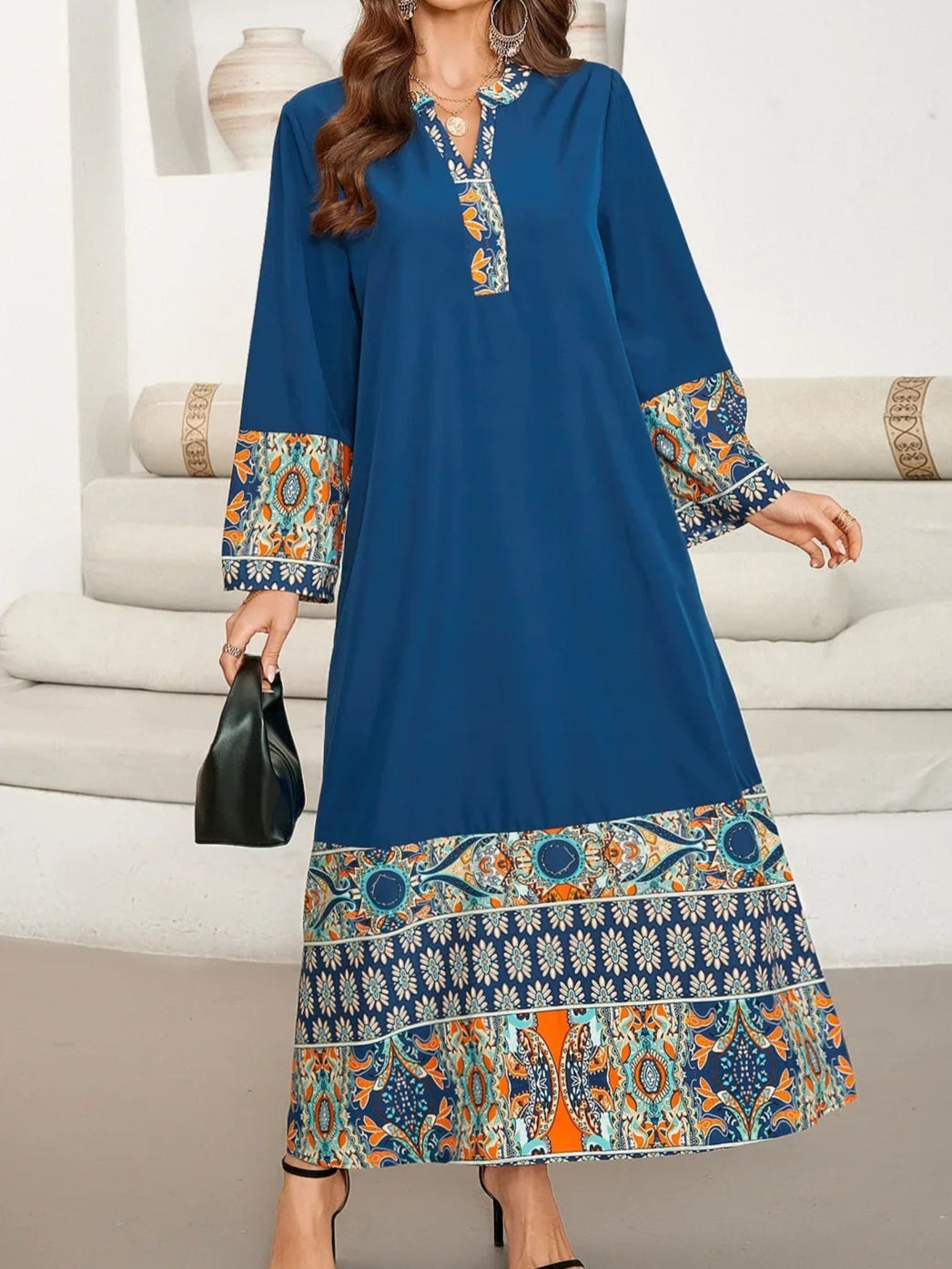 Blue Long Sleeve Print Dress Abaya - Palm and Thread