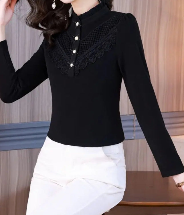 Elegant Ruffle Lace Slim Warm Long Sleeve Basic T-shirt - Palm and Thread