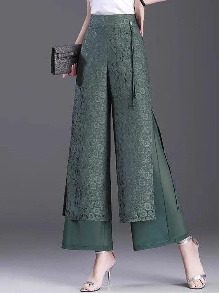 Split Jacquard Weave Wide Leg High Waist Baggy Straight Pant - Palm and Thread