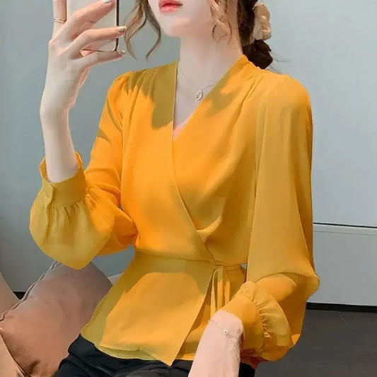 Stylish V-Neck Bandage Chiffon Shirt - Palm and Thread