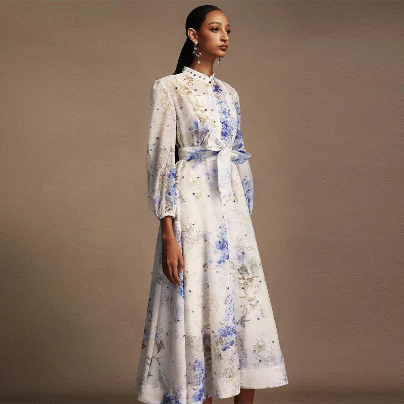 Elegant Floral Printed Long Dress with Belt - Palm and Thread