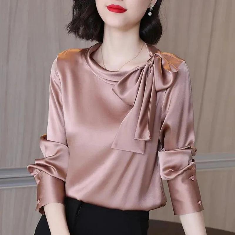 Satin Solid Bow Blouse - Palm and Thread