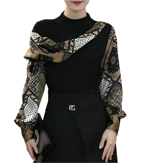 Patchwork Asymmetrical Half High Collar Blouse - Palm and Thread