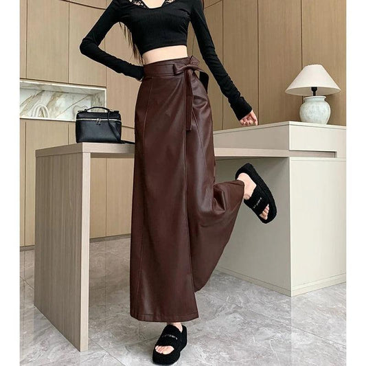 Vintage Elegant Lace-up PU Leather Maxi Skirt - Palm and Thread