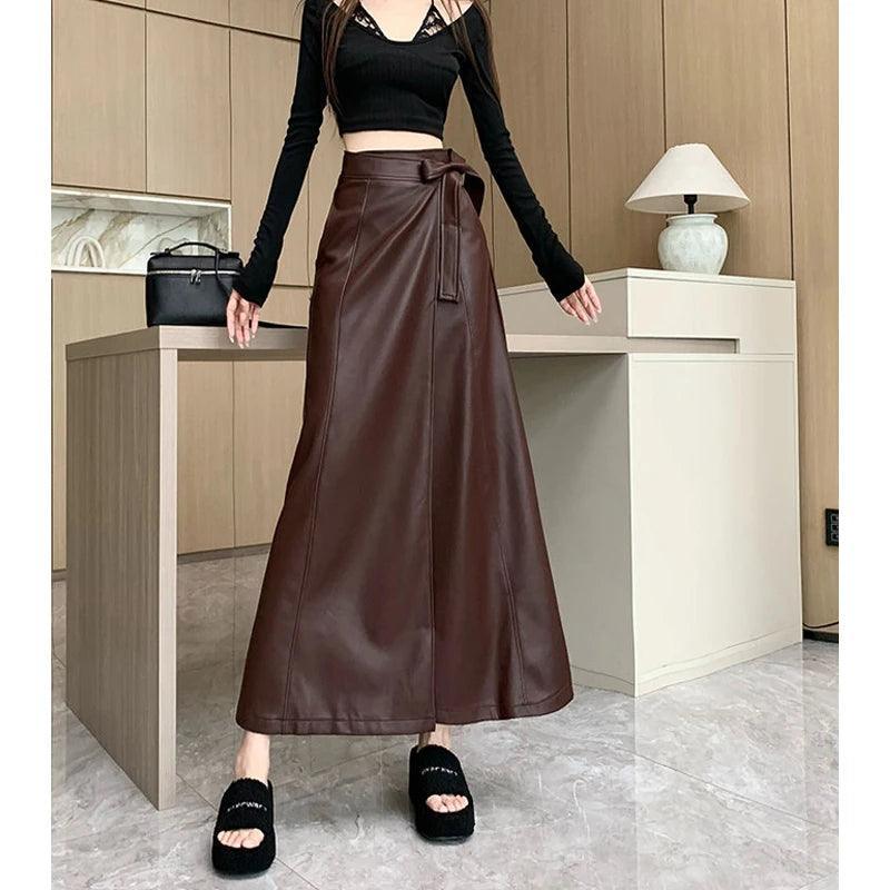 Vintage Elegant Lace-up PU Leather Maxi Skirt - Palm and Thread