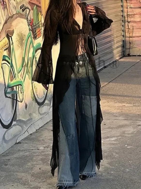 Black See Through Long Cardigan Blouse - Palm and Thread