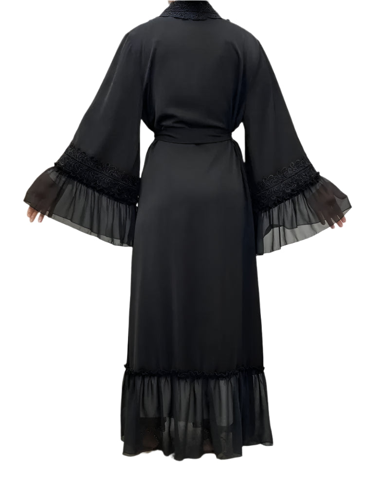 Black Abaya Embroidery Flare Sleeve with Belt - Palm and Thread