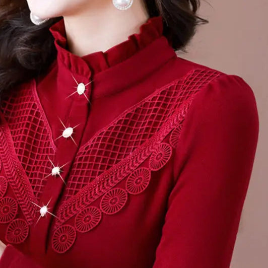 Elegant Ruffle Lace Slim Long Sleeve T-Shirt - Palm and Thread