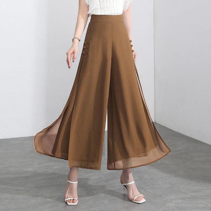 Side Slit Chiffon Thin Elastic Waist Wide Leg Pants Chic Droop - Palm and Thread