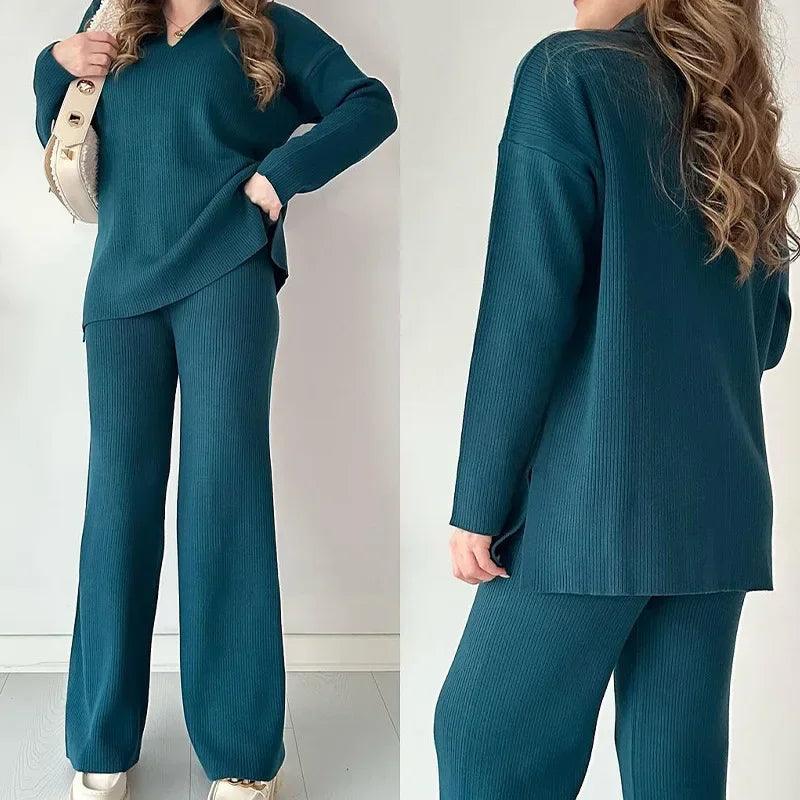 Two Piece Pant Sets Knit Sweater V Neck Full Sleeve Splice Loose Fit Trousers Matching Sets - Palm and Thread