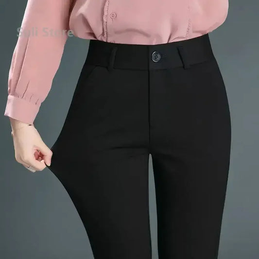 Casual Button Elastic Mid Waist Straight Trouser - Palm and Thread