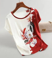 Silk Satin Floral Print O Neck Short Sleeve Casual Office Top - Palm and Thread