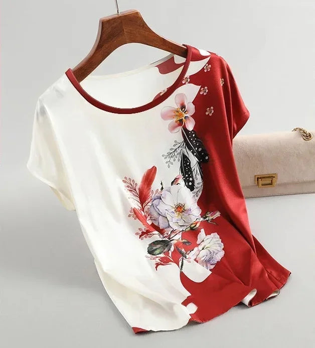 Silk Satin Floral Print O Neck Short Sleeve Casual Office Top - Palm and Thread
