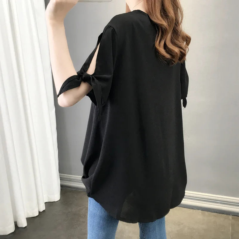 V Neck Hollow Bow Blouse - Palm and Thread