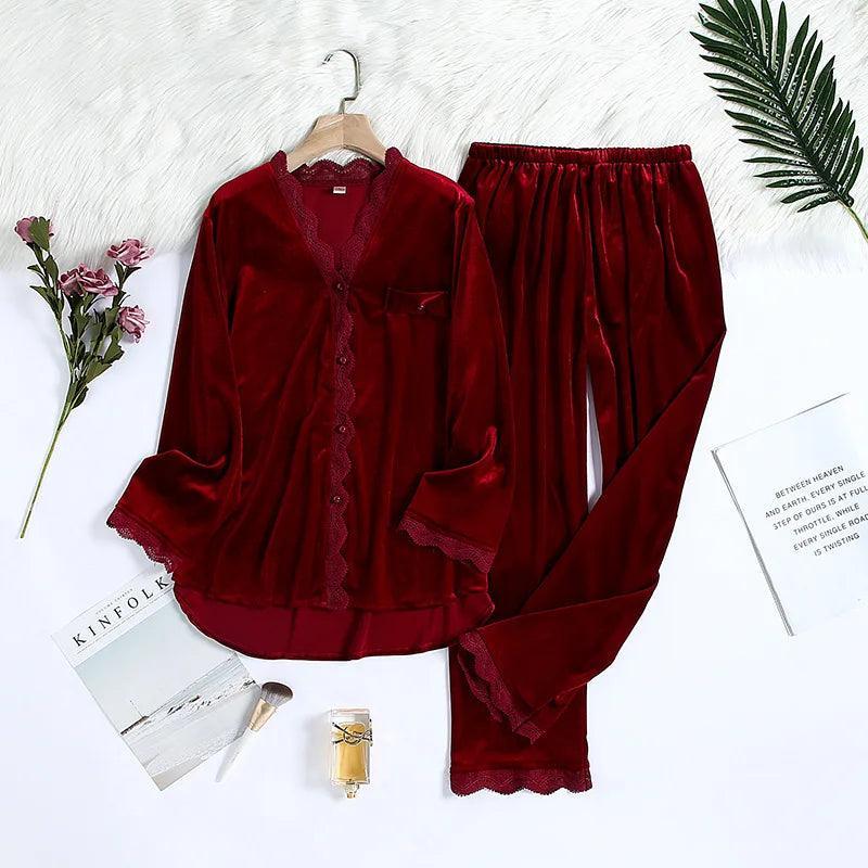 Velvet pajama Two piece set burgundy lace trim - Palm and Thread