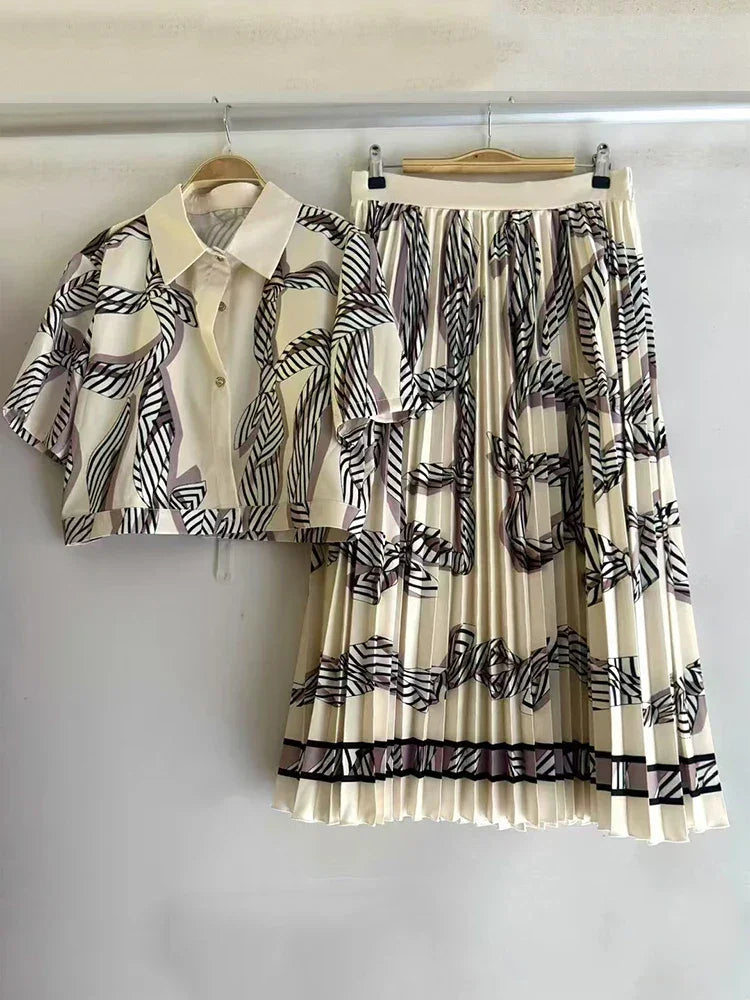 retro geometric print lapel shirt +SKIRT two-piece set - Palm and Thread