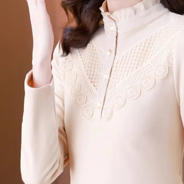 Elegant Ruffle Lace Slim Warm Long Sleeve Basic T-shirt - Palm and Thread