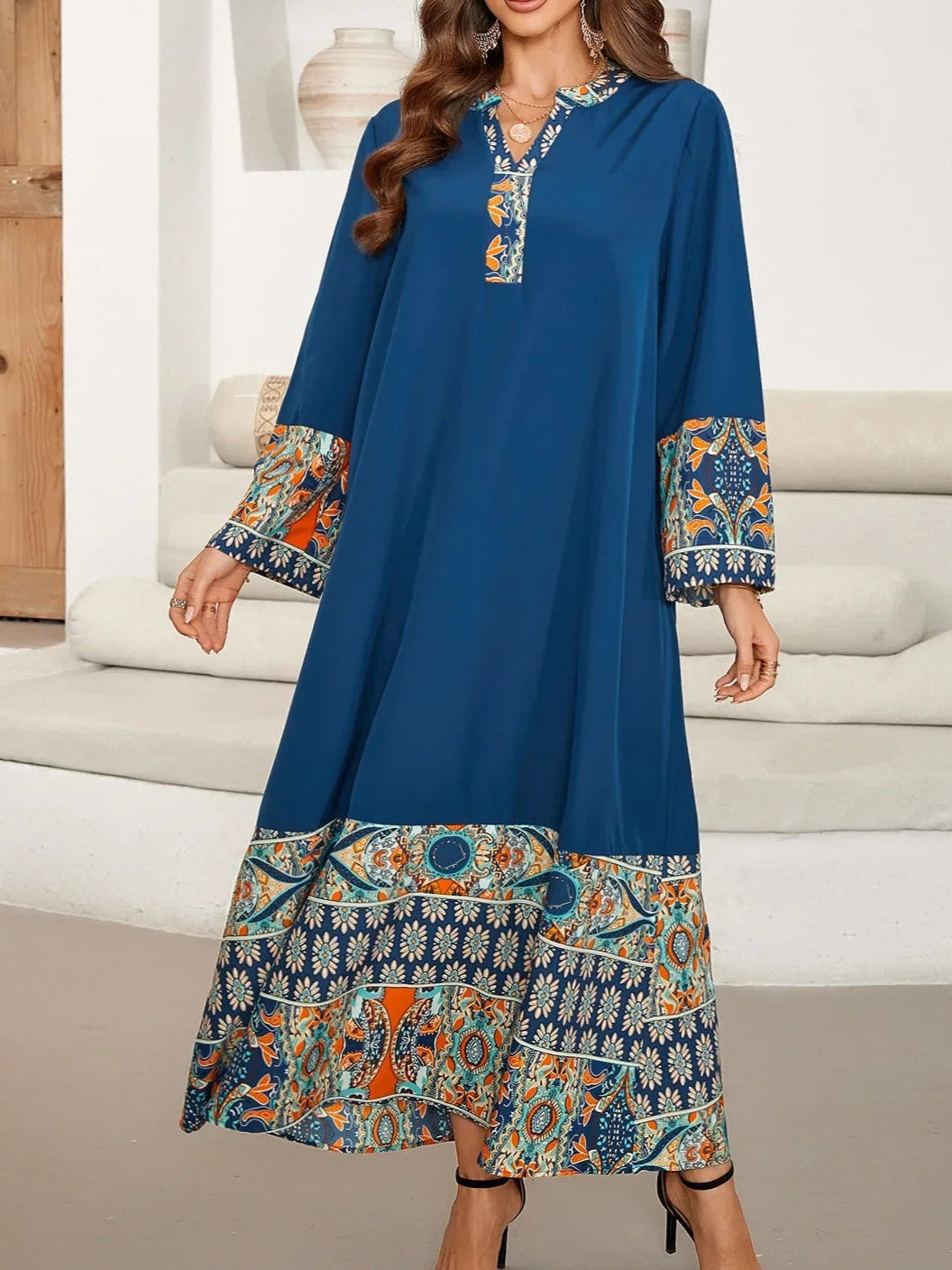 Blue Long Sleeve Print Dress Abaya - Palm and Thread