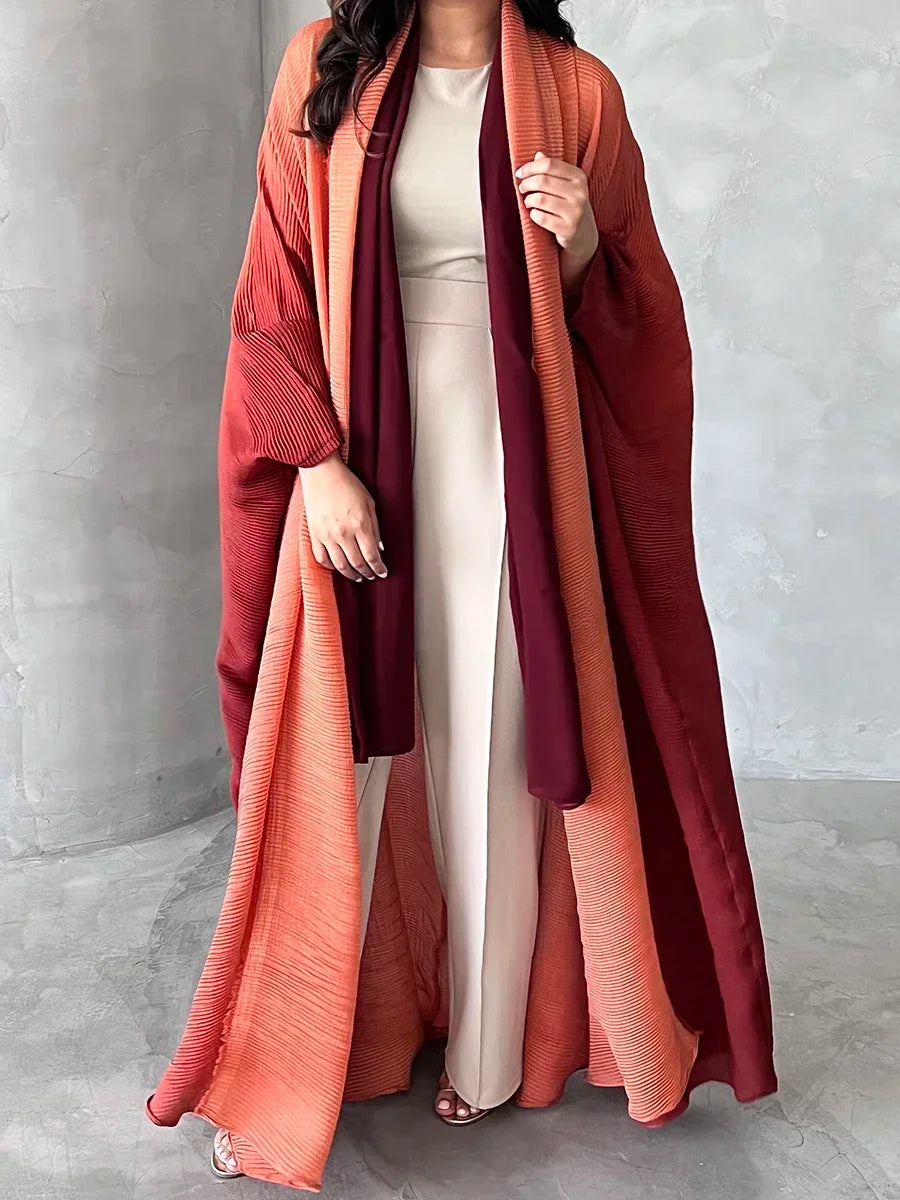 Bat Sleeve Pleated Gradient Cardigan Trench Coat Abaya - Palm and Thread