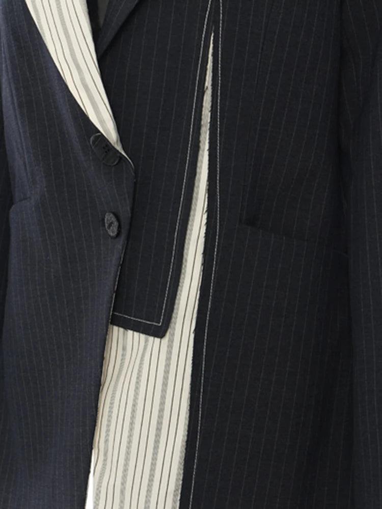 Navy Blue Striped Irregular Elegant Blazer New Lapel Long Sleeve Jacket - Palm and Thread