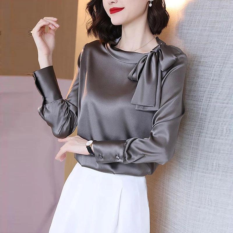 Satin Solid Bow Blouse - Palm and Thread