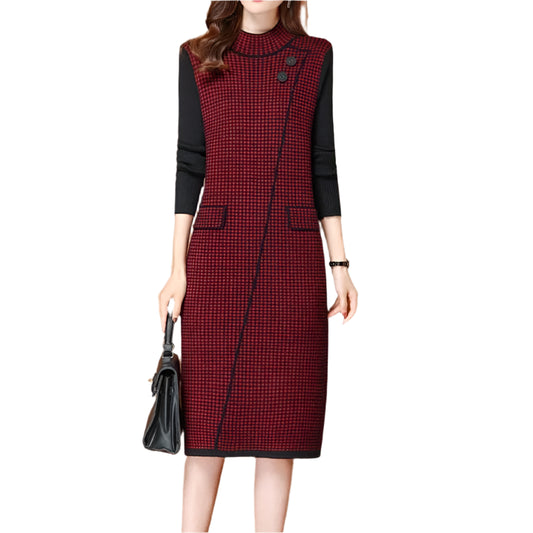 Retro Plaid Patchwork Basic Knitted Dress - Palm and Thread