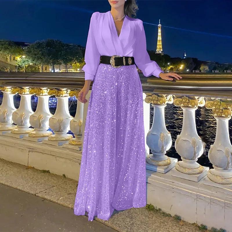 V-Neck Long Sleeved Elegant Jumpsuit - Palm and Thread
