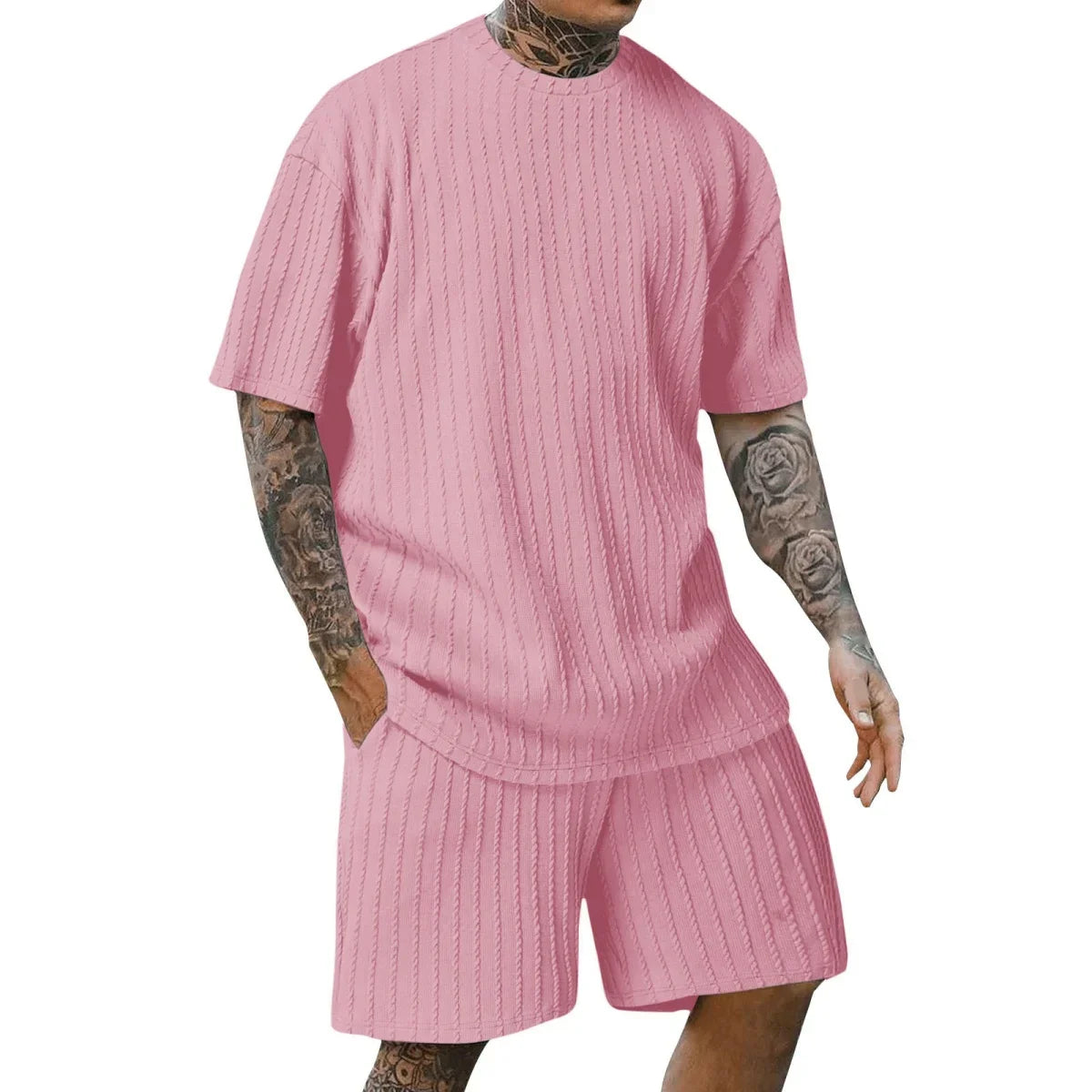 crew-neck vertical stripe T-shirt shorts short-sleeved suit