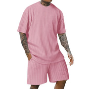 crew-neck vertical stripe T-shirt shorts short-sleeved suit