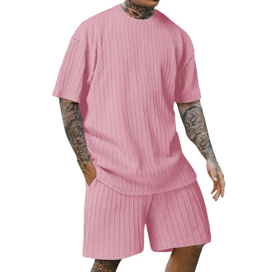 crew-neck vertical stripe T-shirt shorts short-sleeved suit
