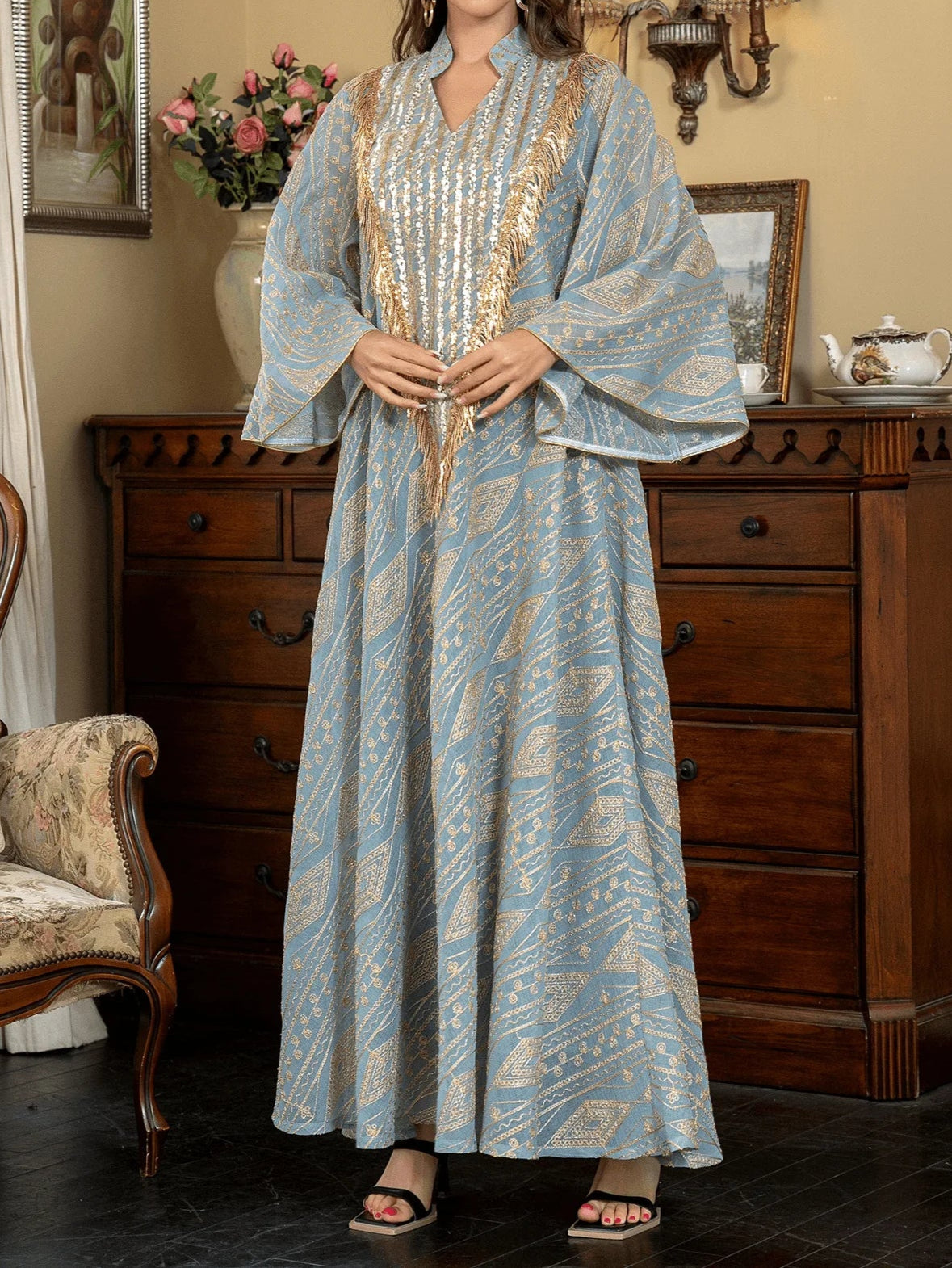 Embroidered Sequined Robe Abaya - Palm and Thread