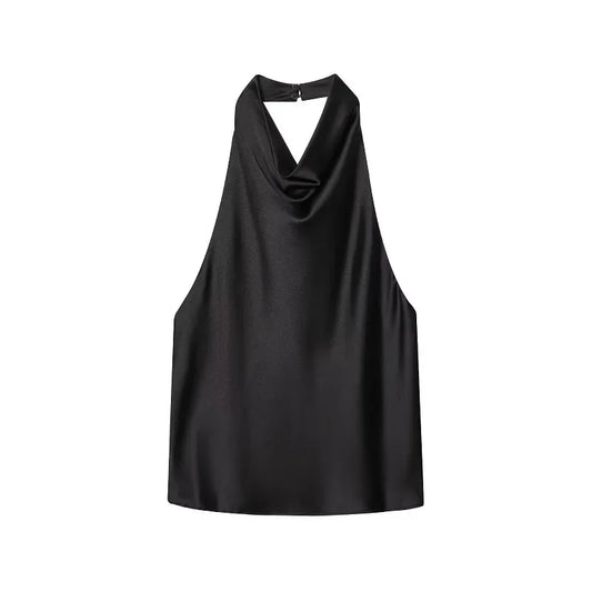 Halter Black Satin Backless Top - Palm and Thread