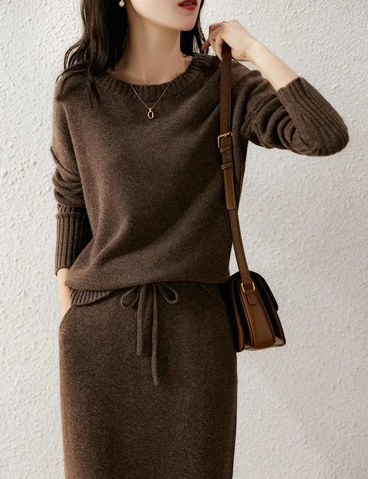 Solid Knitted Loose Pullover Sweater Skirt Matching Set - Palm and Thread